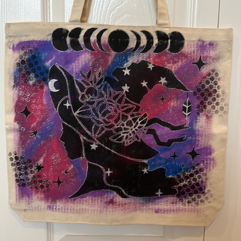 Magical witch large tote bag, painted by me.